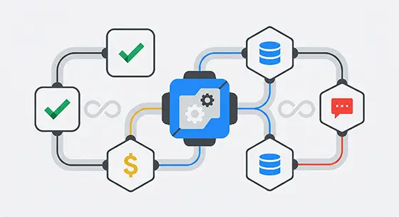 Diagrama abstrato de uma esteira de automação com n8n, demonstrando a integração fluida de agentes de inteligência artificial qualificando leads em tempo real.