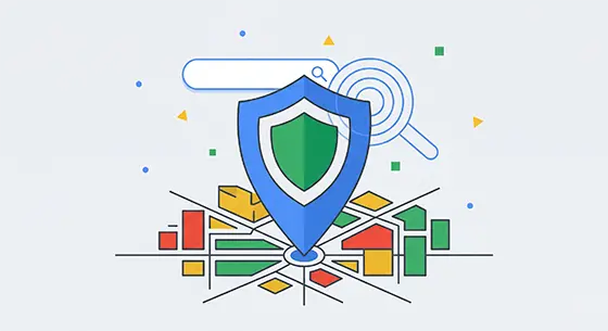 Ilustração abstrata representando uma estratégia de SEO Local com um pino de localização e um escudo, simbolizando a blindagem de empresas no Google Meu Negócio.