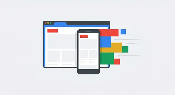 Representação visual de desenvolvimento web de alta performance, mostrando um navegador veloz e a versão responsiva para celular do site de uma empresa.