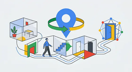 Ilustração mostrando uma pessoa navegando digitalmente por um espaço, representando a criação de um Tour Virtual 360 graus integrado ao Google Street View.