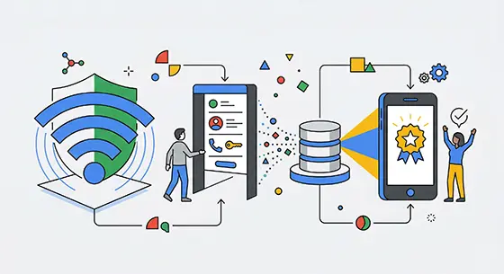 Ilustração de um sistema de Wi-Fi Marketing seguro, demonstrando o fluxo de um cliente que faz o cadastro no estabelecimento para acessar a internet e receber ofertas exclusivas.