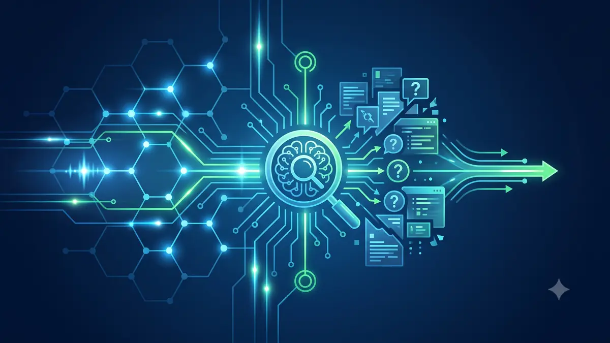Representação gráfica abstrata com conexões de dados entre buscas digitais e modelos de inteligência artificial em tons azuis.
